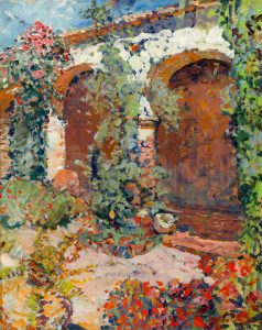 Chamber in Mission San Juan Capistrano signed 'N Chamberlain' (lower right) oil on canvas affixed to board 22 x 18in